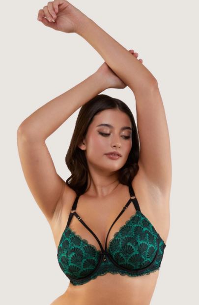 Mia Deco Embroidery Balconette Bra - Black and Jade